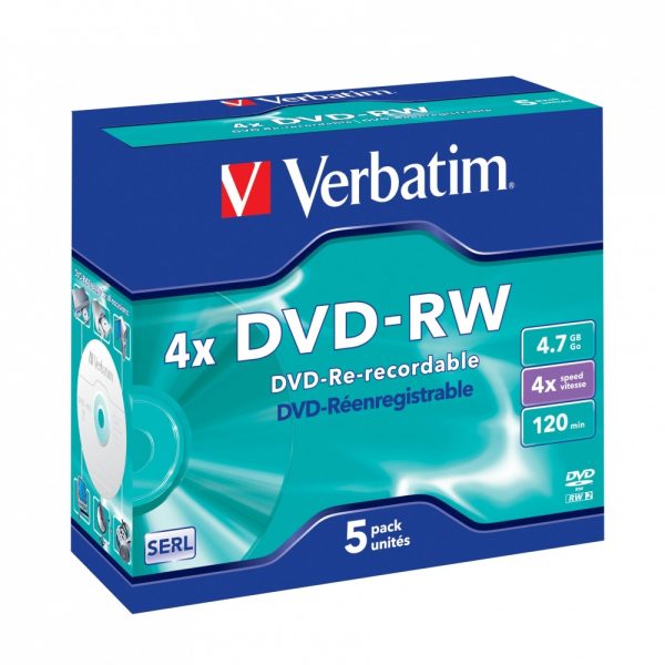 Verbatim DVD-RW 4.7GB 4X 5-Pack Jewel Case Matt Silver 43285