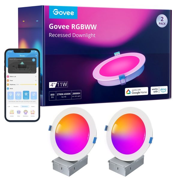 Govee B601B Smart Recessed Lights (2 Pack) 4'' Wi-Fi & BT RGBWW 850 Lumen with Junction Box