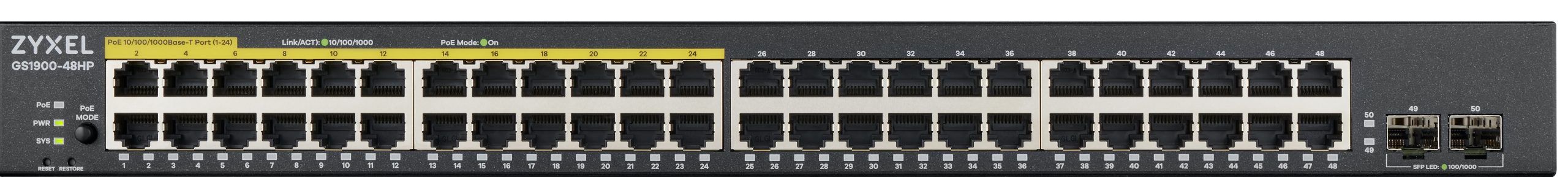 1_1722338586 Zyxel Switch PoE Gigabit Managed 48 Ports 24PoE + 24RJ45 +2SFP 170W GS190048HPV2 - Image 1