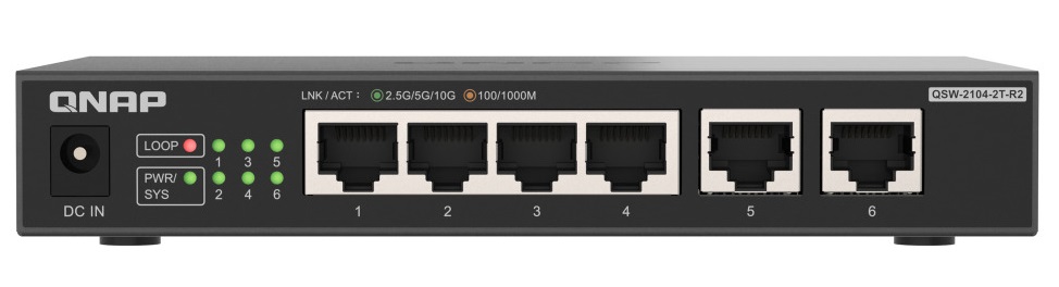 1_1747896688 QNAP 6-Port Multi-Gig Unmanaged Switch with 4x 2.5GbE & 2x 10GbE RJ45 Ports QSW-2104-2T-R2 - Image 1