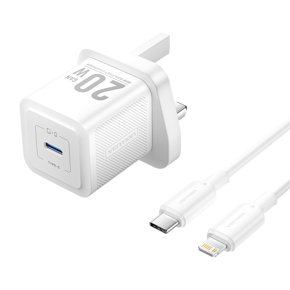 1_1757681883 Vention Charger Wall GaN 20W 1xUSBC UK+Lightning Cable White FEPW0 - Image 1