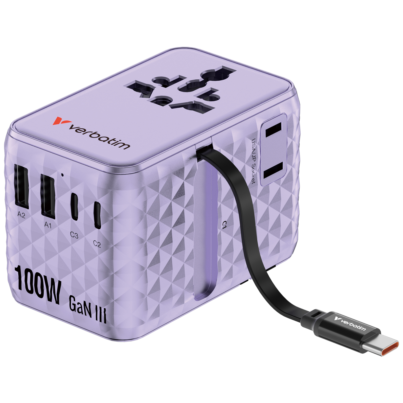 1_1759408148 Verbatim Charger Travel Adapter 100W 2xC 2xA 1xRetractable USB-C Purple - Image 1