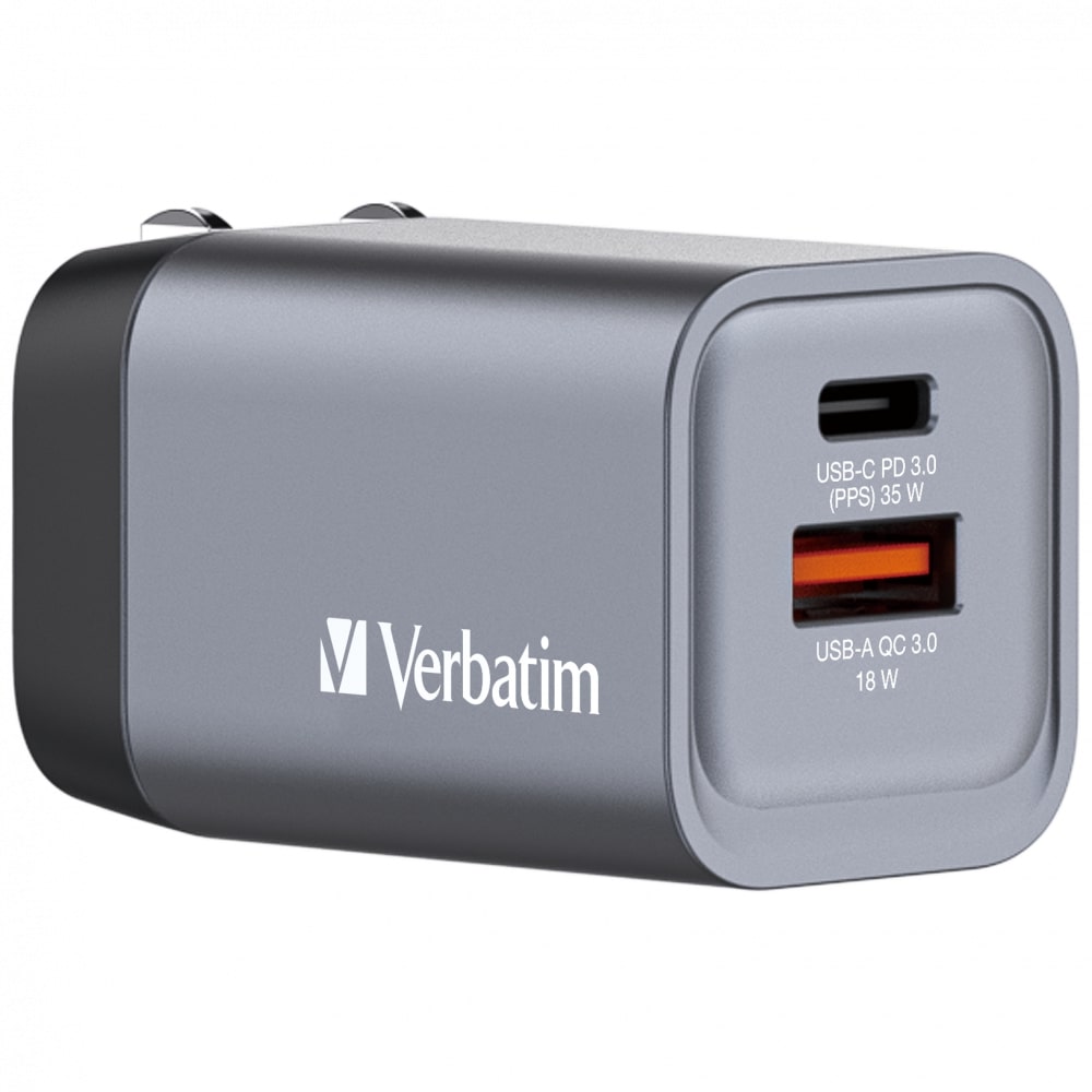 32200-back-angled Verbatim Wall GaN Charger 35W USB-C USB-A (UK/EU/US) GNC-35 - Image 1