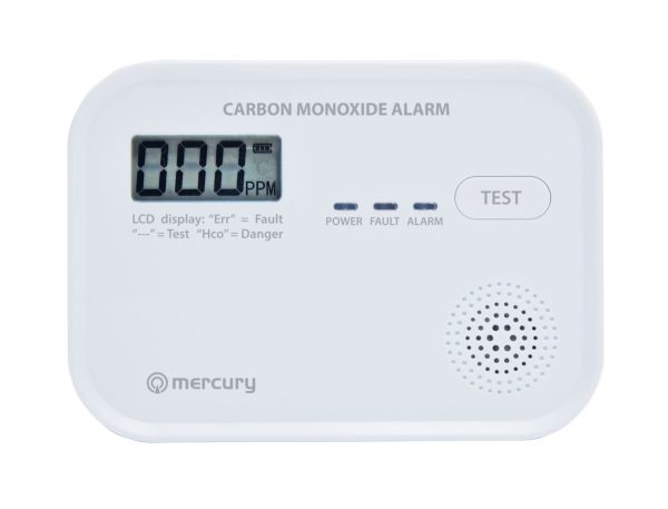 Mercury COD-218A Standalone Carbon Monoxide Alarm with LCD Display showing CO levels 350.139UK
