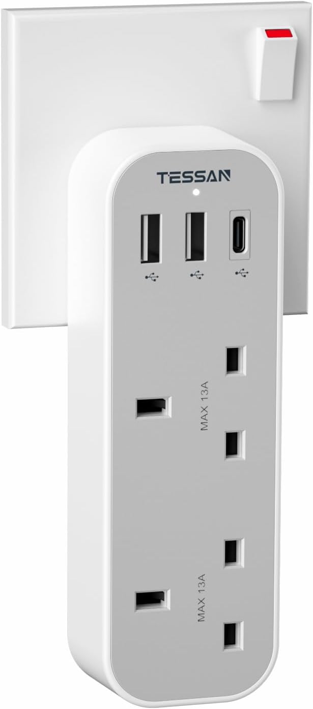 51FoE0JME6L._AC_SL1500_ Tessan 2-Gang plug Through UK Charger 2 USB A USB C 13A TS-222-C - Image 1