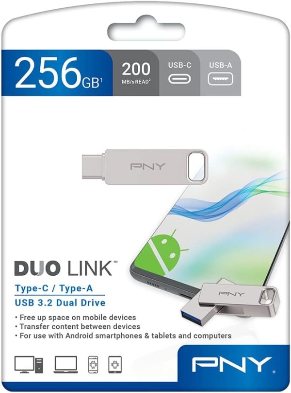 PNY Flash Drive Duo Link USB 3.2 Dual Connector OTG Capless Swivel 256GB Black FDI256DULINKTYC
