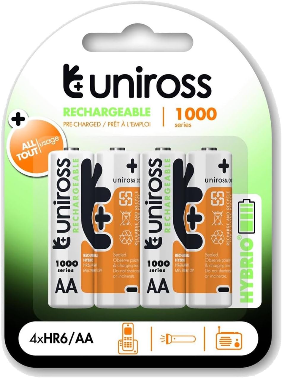 61d-VJiIN2L._AC_SL1308_ Uniross Rechargeable AA 1000 Hybrio Batteries 4 Pcs - Image 1