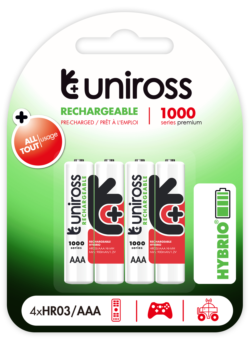 AAA1000-Blister_4x Uniross AAA 1000 Hybrio Rechargable Batteries 4Pcs - Image 1