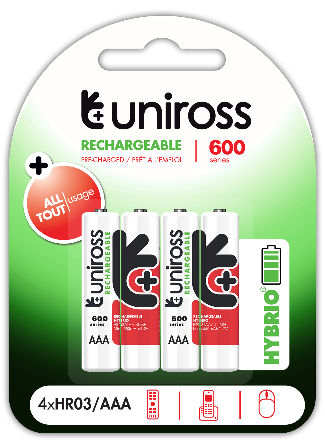 AAA600-Blister_4x Uniross AAA 600 Hybrio Rechargable Batteries 4 Pcs - Image 1