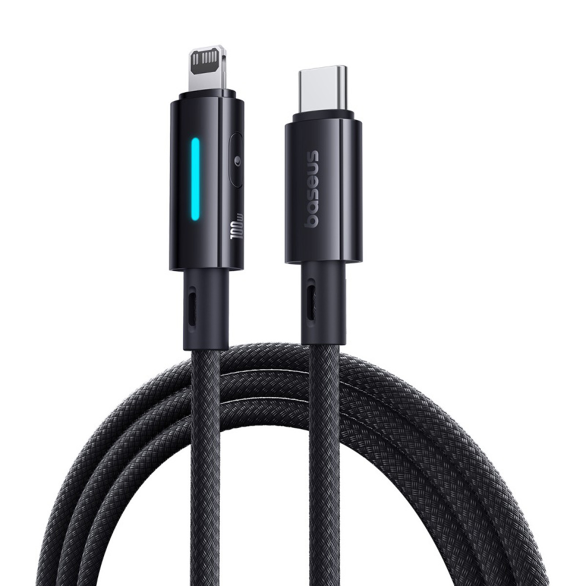 P10379001121-00-01 Baseus Cable Lightning to USB-C Lit Button Series 20W 1m Cosmic Black - Image 1