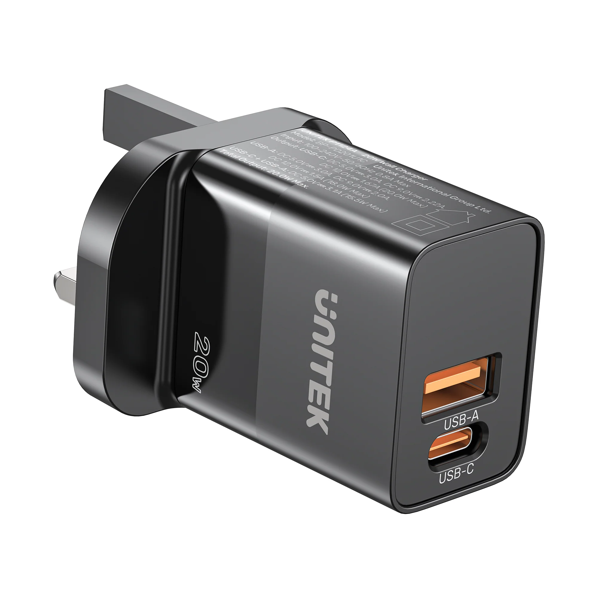 P1124A-17_3000x Unitek 20W Wall Charger USB-C PD & QC 3.0 UK P1124ABK Black - Image 1