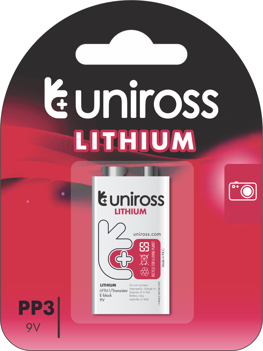 ULI9V1 Uniross Lithium 9V Battery (PP3,6AM6,6LR61,6LF22,MN1604) - Image 1