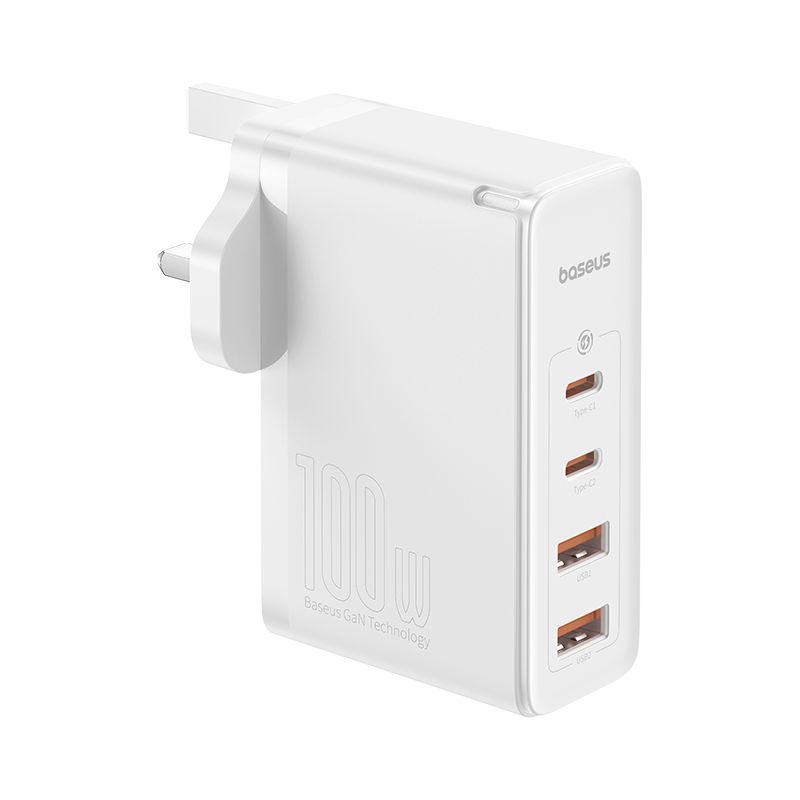 nbHaGH8A Baseus Charger Wall 100W USB-Cx2/USB-Ax2 UK+100W USB-C Cable White - Image 1