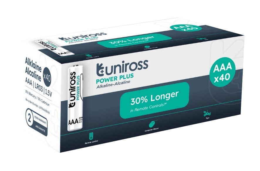 uniross40pAAA Uniross Alkaline AAA Power Plus Box of 40 Pcs (New) - Image 1