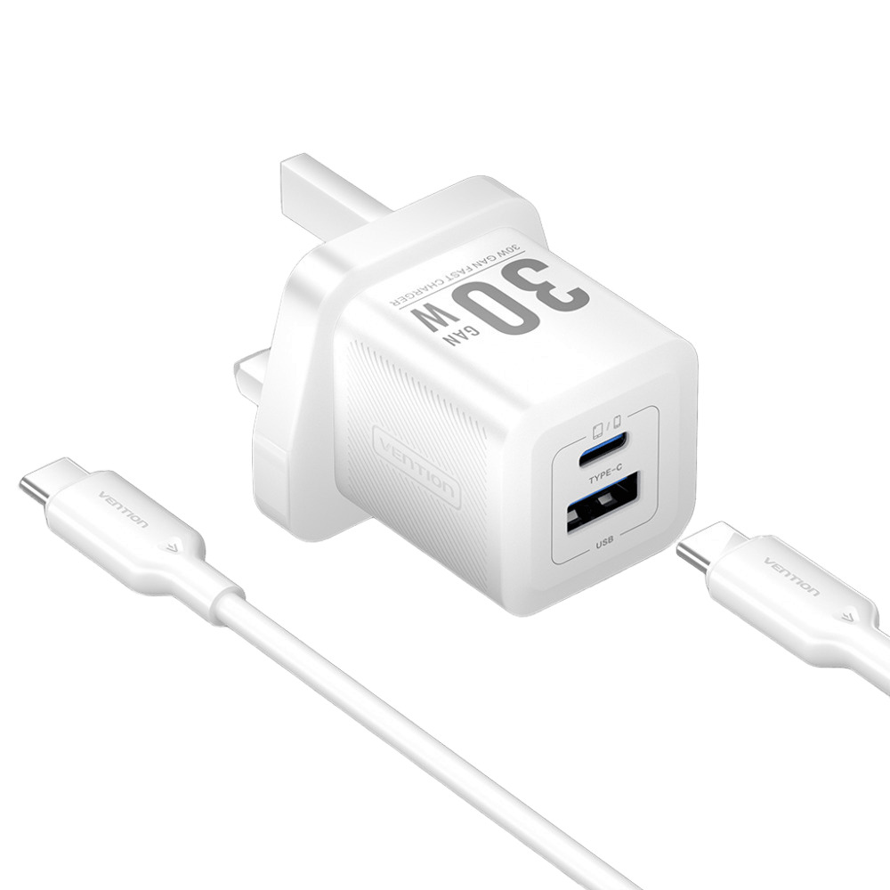 1_1770714508 Vention Charger Wall GaN 30W 1xA 1xC+USBC Cable White TZ-FEQW0-UK-01 - Image 1