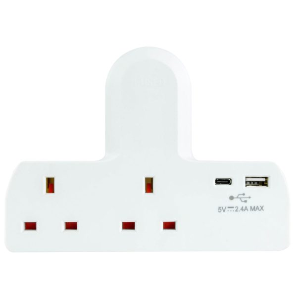 Mercury POWER Extension Wall Plugin 2 Gang 13A with 1xUSBC 1xUSBA 15W 429.849UK