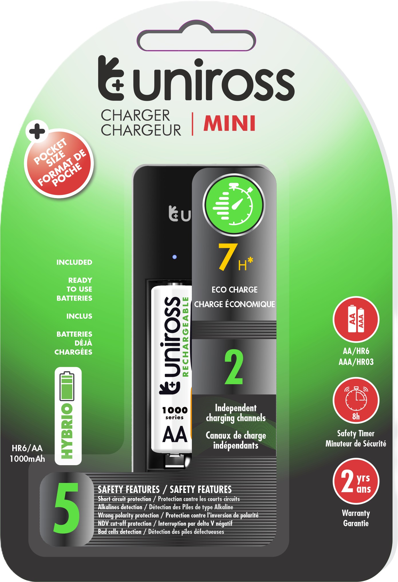 UCU001A__1_ Uniross UCU001B USB Compact Mini Charger with 2x AAA 600 Batteries - Image 1
