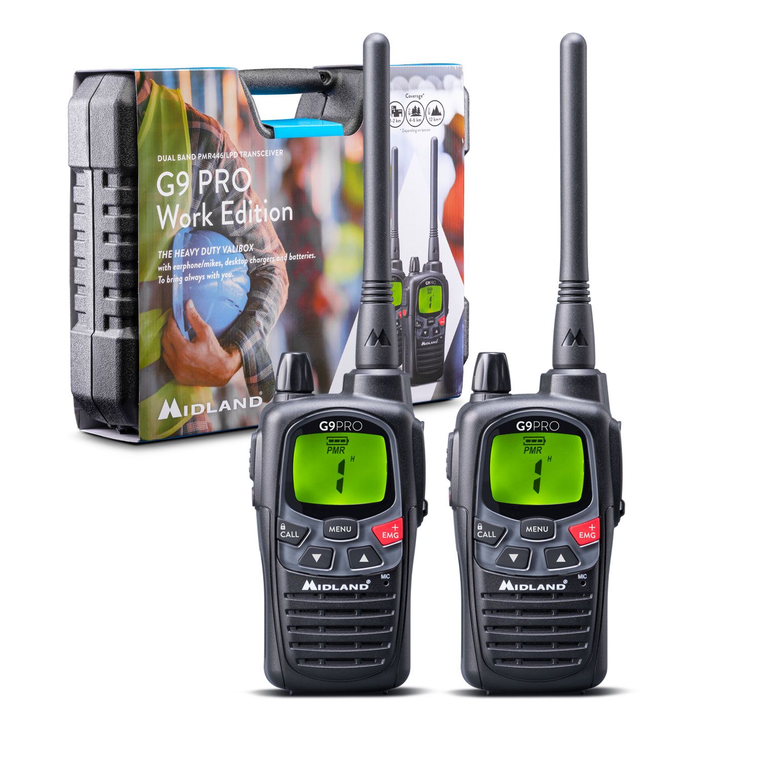 g9pro-work-1 Midland G9 Pro Work Edition Valibox Includes 2x G9 Pro with Long Antenna, 2x Earphones & Carry Case - Image 1