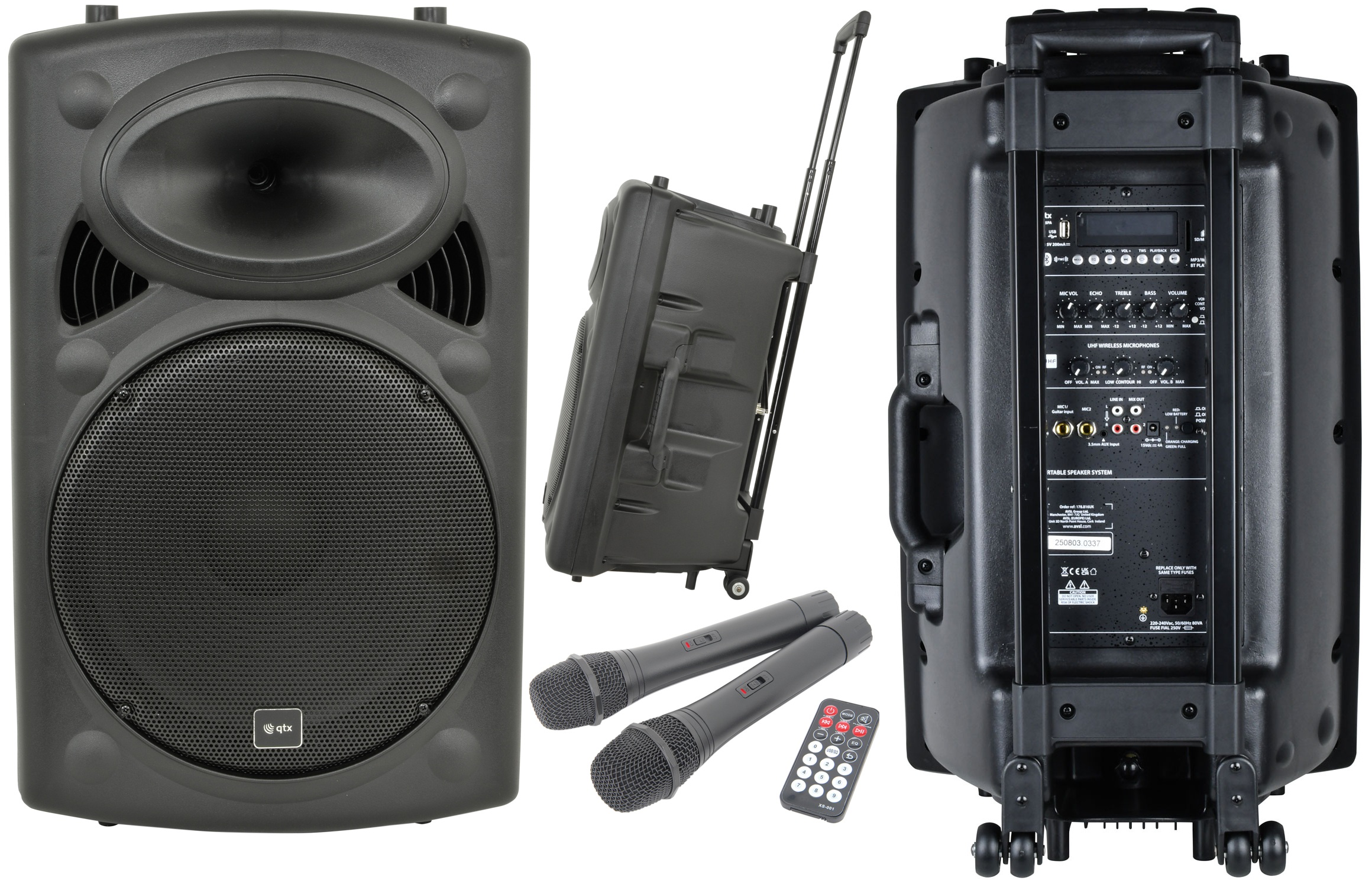 178816UK_CO6 QTX QR15PA (2025) 15'' Professional Portable Karaoke & PA Speaker with 2x Wireless UHF Microphones, BT USB & FM 178.816UK - Image 1