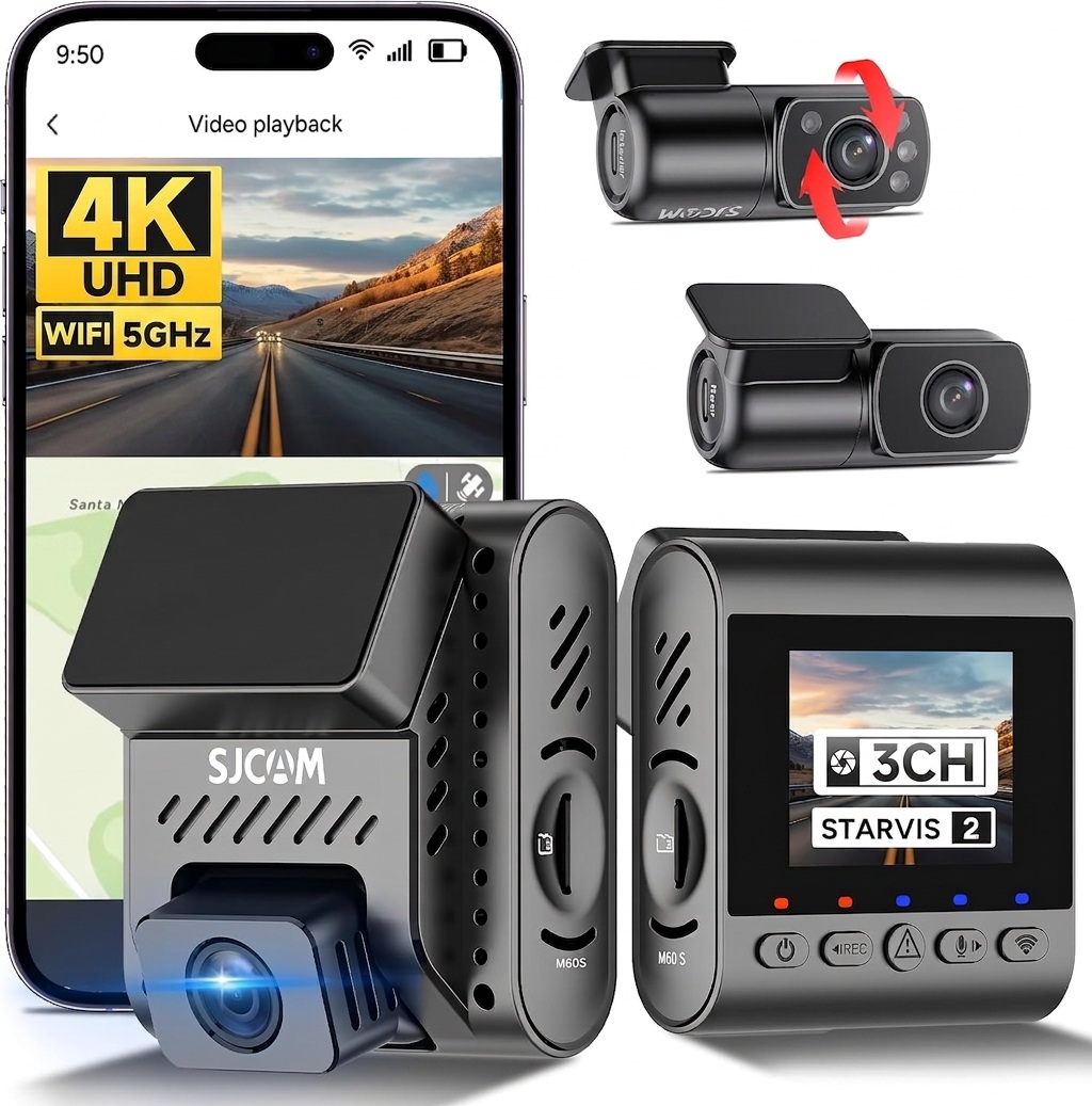 COVER SJCAM M60S 4K 3-Channel Dash Cam Front and Rear and Inside Recording 5GHz Wi-Fi and Sony STARVIS 2 Sensors Dashcam Parking Mode with Pre-Recording HDR Night Vision Car Camera for Car and Taxi Security - Image 1