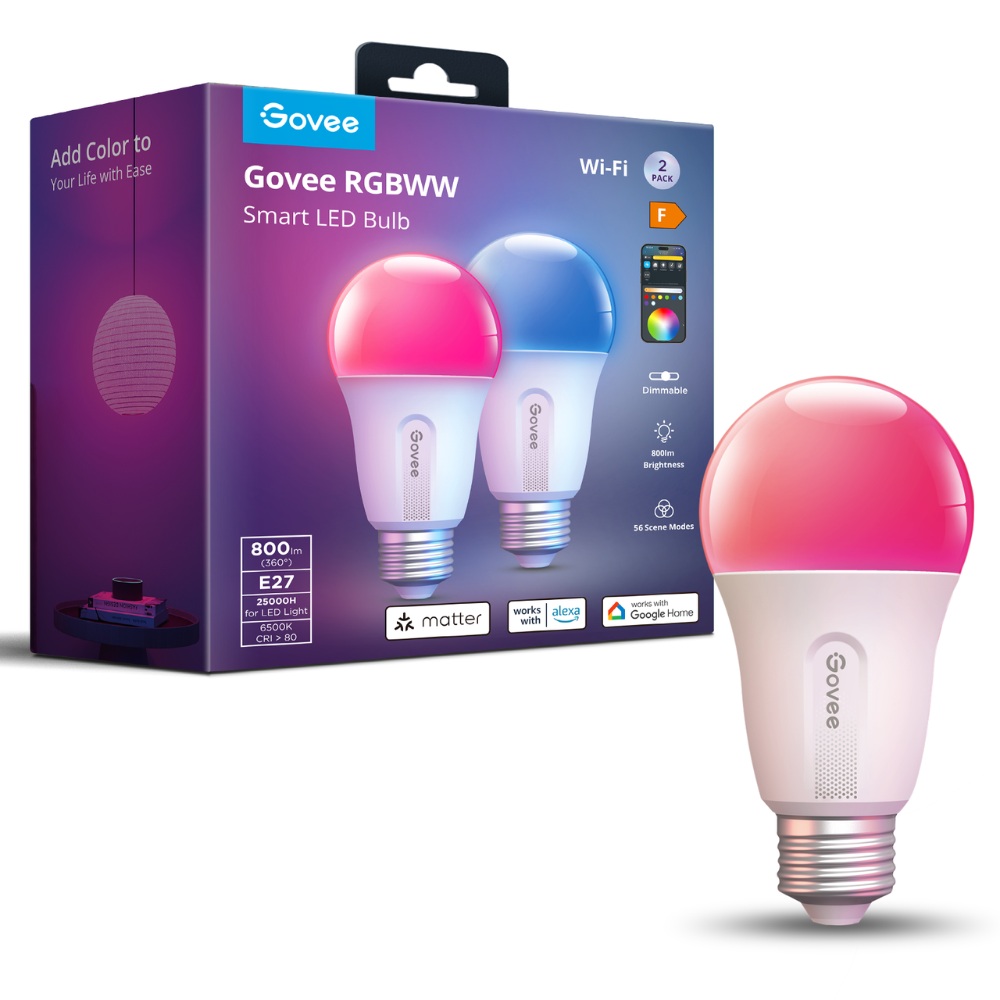Govee_RGBWW_Smart_LED_Bulb_E27__800lm___2-pack__1_1920x1920 Govee Bulb Ceiling E27 Smart LED 800 Lumens RGBWW (Pack of 2) B6004C02 - Image 1