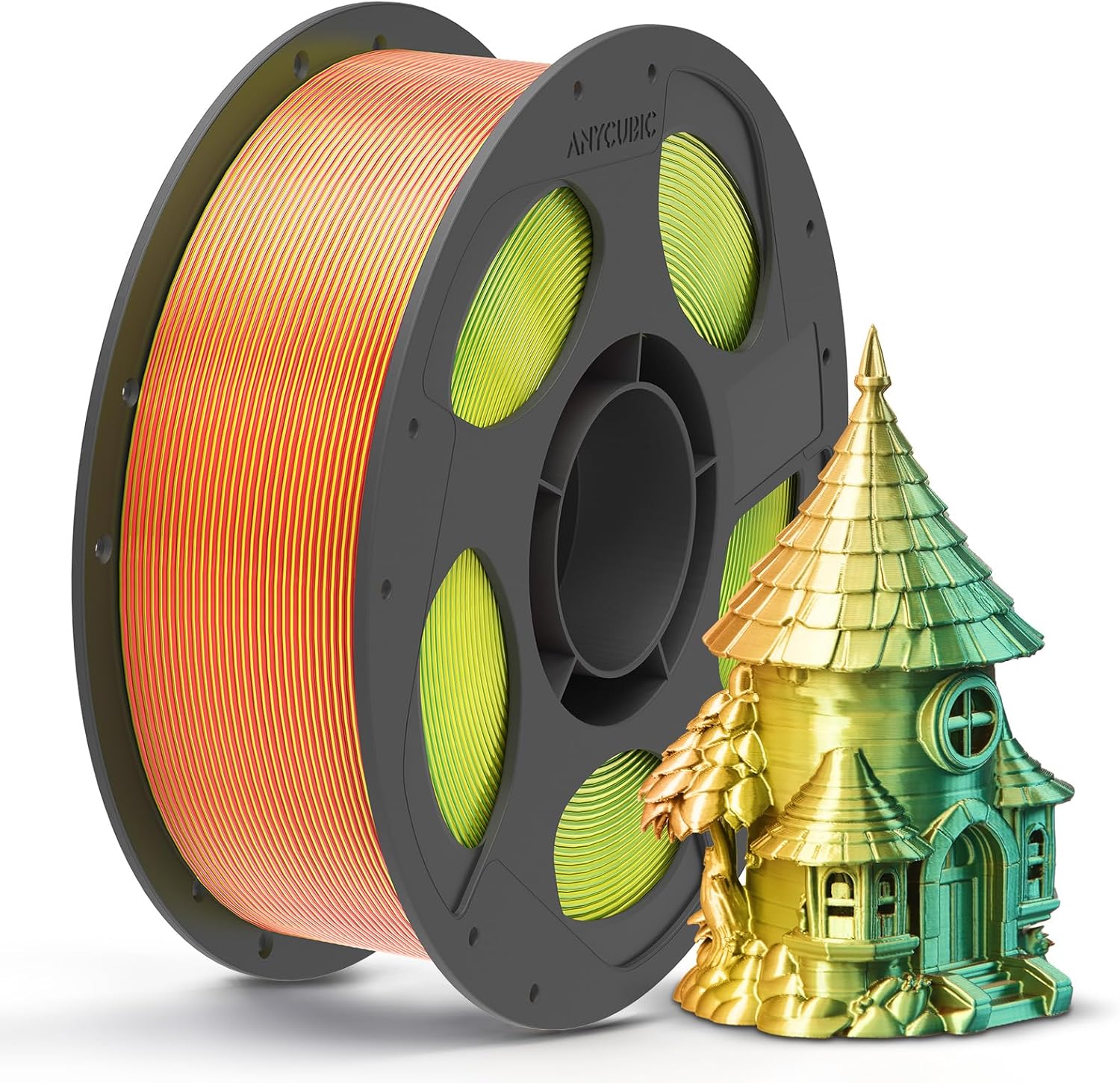 PLA_SILK-TRI-COLOR_Filament_Red_Yellow_Green Anycubic PLA SILK-TRI-COLOR Red Yellow Green 1Kg. Ideal usage: Highly detailed display pieces, articulated toys/dragons, vases, abstract sculptures, and eye-catching decorative items where you want a dynamic visual effect. - Image 1