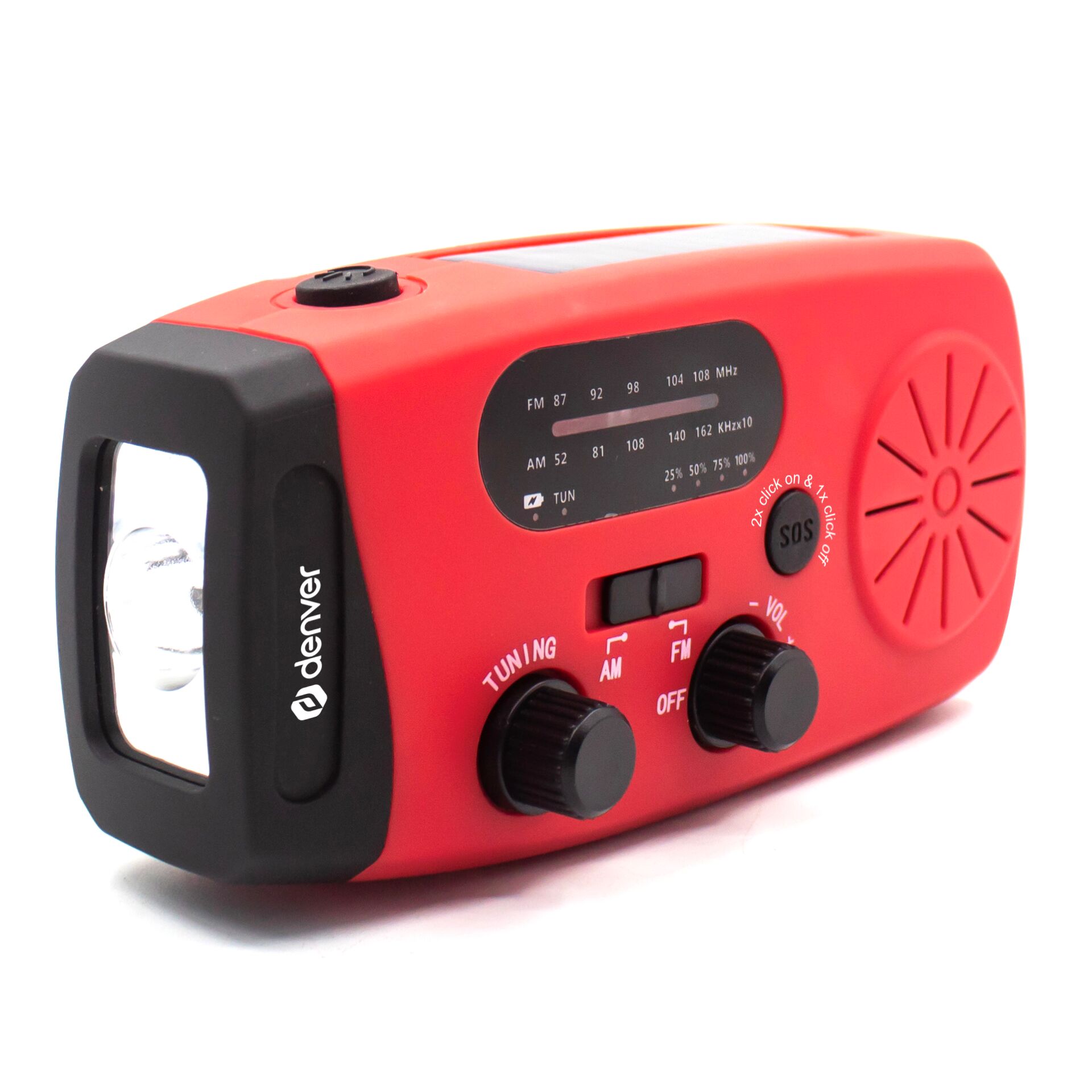 04 Denver AUDIO Radio Portable Solar & Crank Powered with Flashlight & SOS Function SCR-2007 Red - Image 1